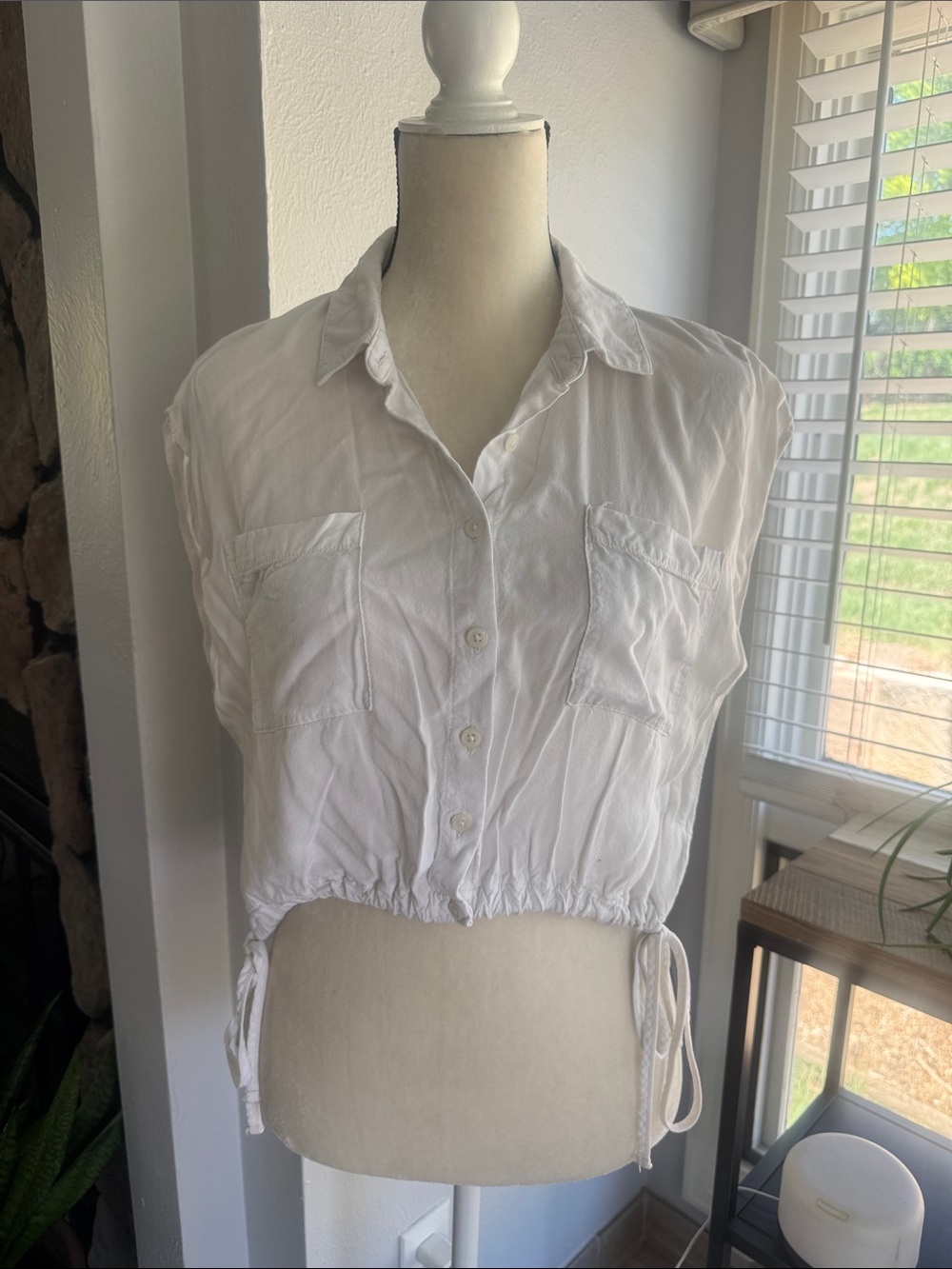 Forever 21 White Cropped Button-Down Drawstring Shirt